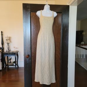 Bari Jay Champagne Gold Lace evening gown